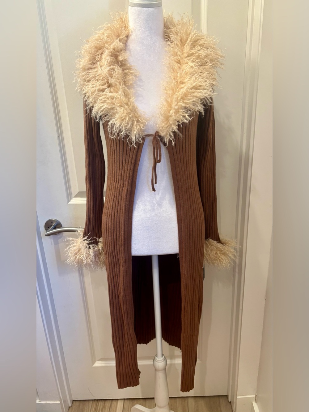 NWT Haute Hippie Brown Ribbed Long Penny Lane Cardigan w/ Cream Faux-Fur Trim-S